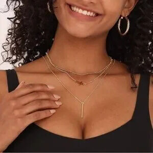 Gold 14k Gold Plated Cross & Bar 3pc Chain Necklace Set